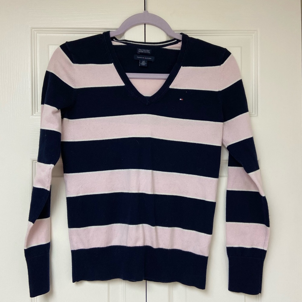 Tommy Hilfiger pink and navy v-neck sweater
